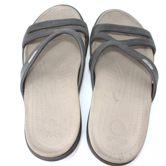 Crocs Women's 9M Dark Brown Beige Slip On Criss Cross Strap Wedge Rhonda Sandals - Picture 2 of 8